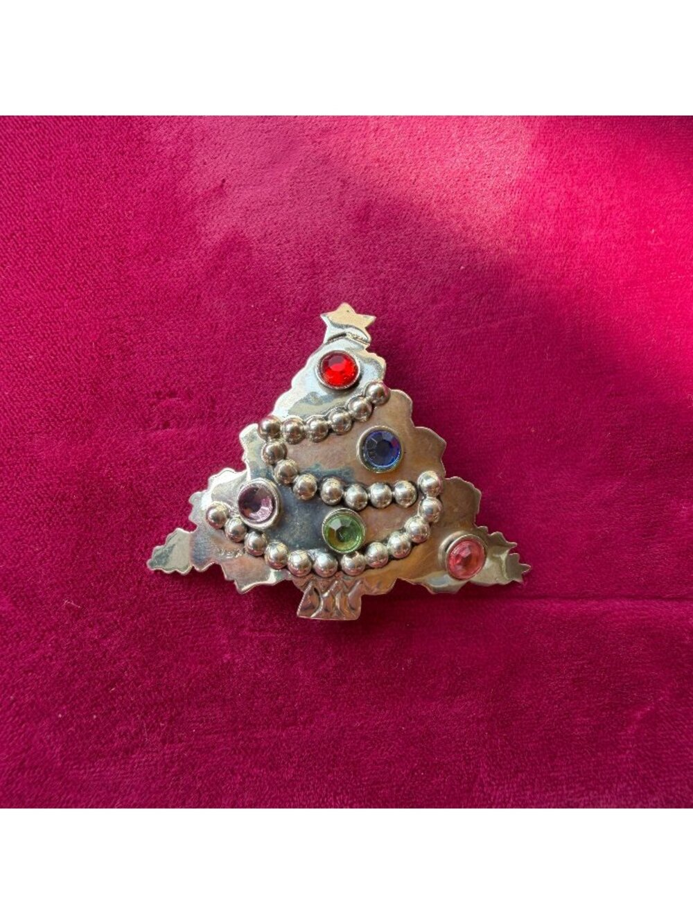 Vintage Mexico Silver Christmas Tree Brooch Pin Multicolor Rhinestones Holiday